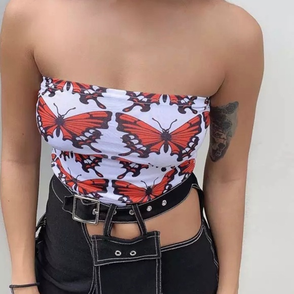 NEW! Orange Butterfly White Black Tube Crop Top🦋 - Picture 4 of 9